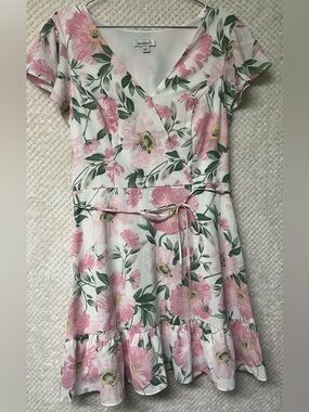 Brannan womens mini dress flutter sleeves v-neck ruffle hem floral size large